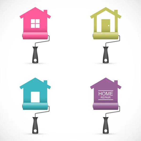 Set of house renovation icons with paint rollers — Stock Vector