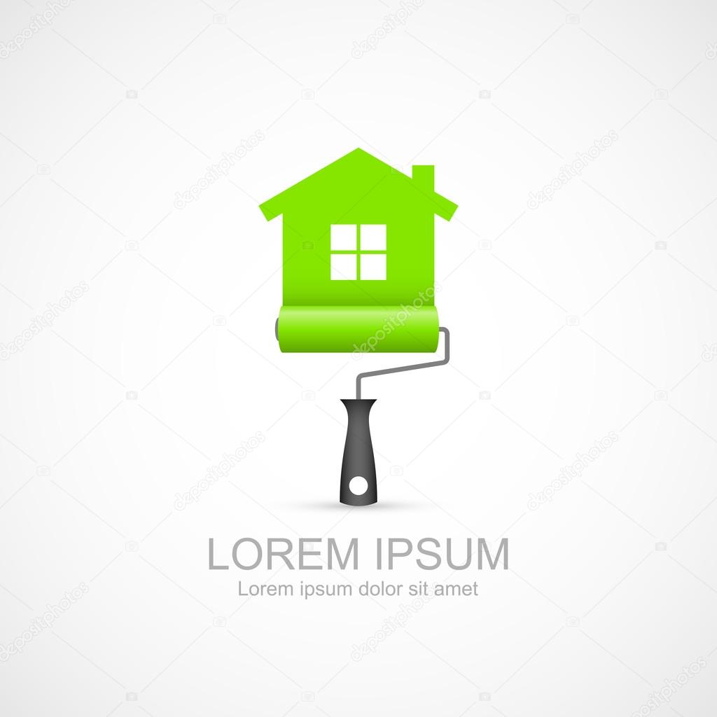 Paint roller with green house symbol icon
