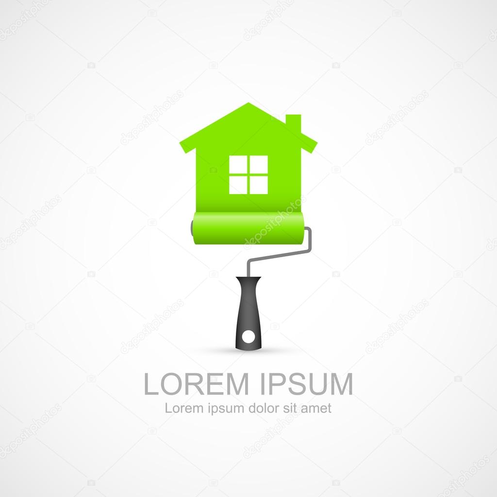 Paint roller with green house symbol icon. Vector illustration Eps 10. Easy to change color