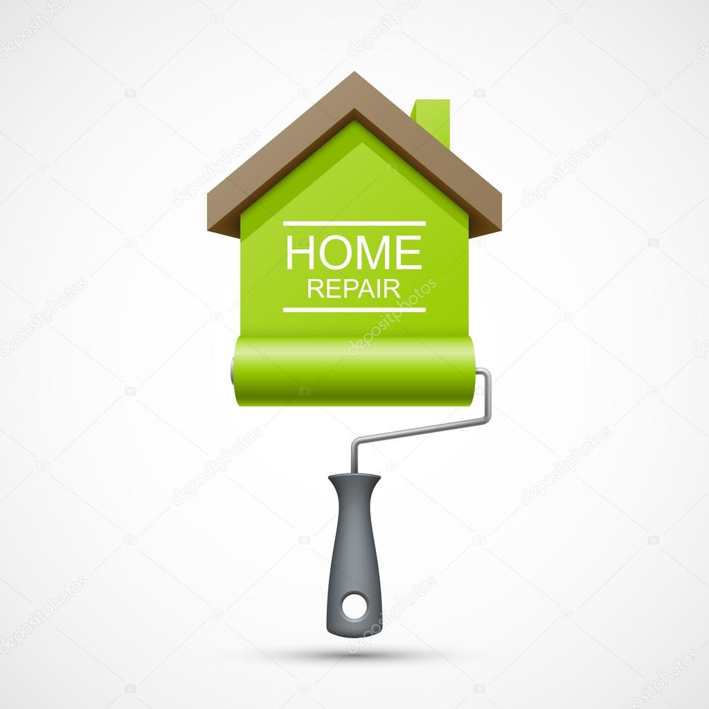 House repair icon. Paint roller with green house