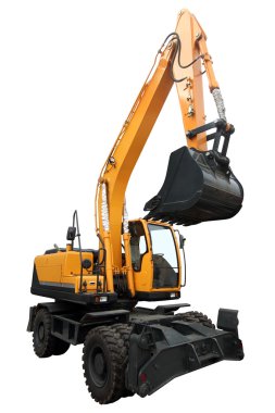 Sarı tekerlekli ekskavatör.