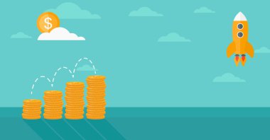 Background of start up rocket idea and golden stacks.