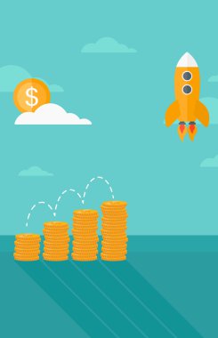 Background of start up rocket idea and golden stacks.