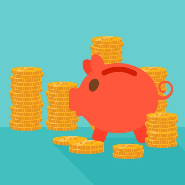 Blue background of piggy bank and golden coins. — Stock Vector