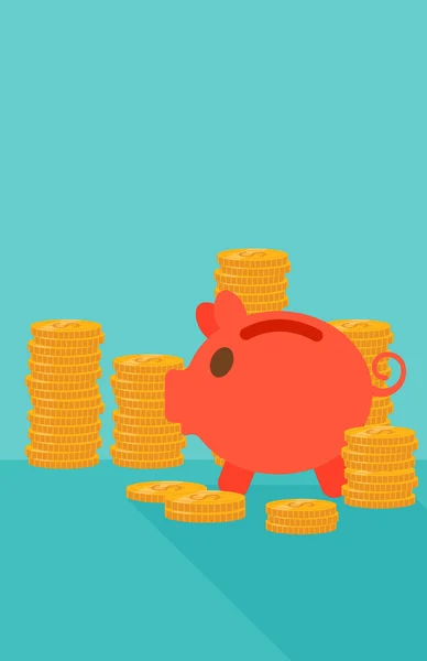 Blue background of piggy bank and golden coins. — Stock Vector