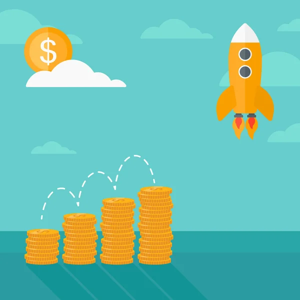 Background of start up rocket idea and golden stacks. — 스톡 벡터