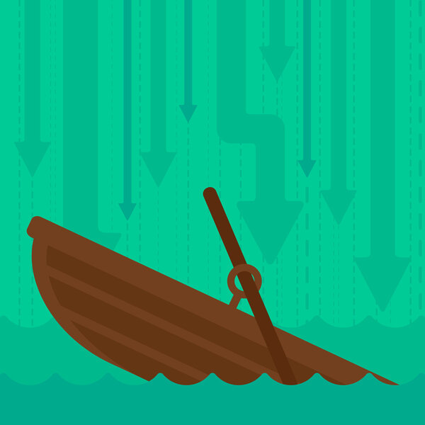 Background of sinking boat and arrows moving down.