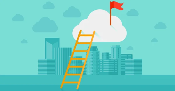 Ladder and flag on top of the cloud on city background. — Stock vektor