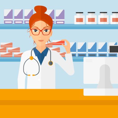 Biraz ilaç gösterilen eczacı.