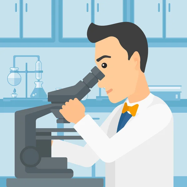 Assistente de laboratório com microscópio . — Vetor de Stock