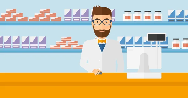 Pharmacist at counter with computer monitor. — Stock vektor