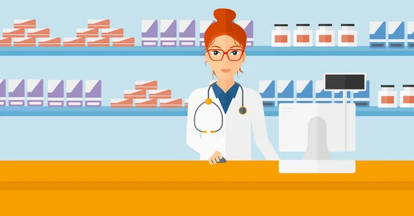 Pharmacist at counter with computer monitor. — 图库矢量图片