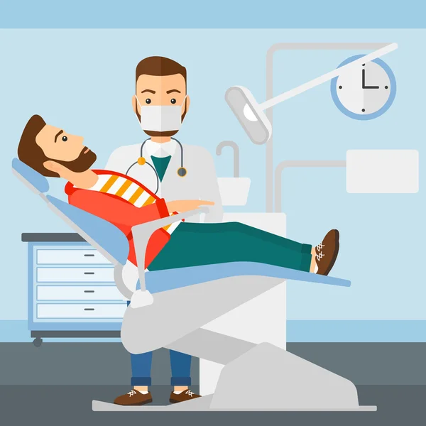 Dentista e homem em cadeira de dentista . — Vetor de Stock