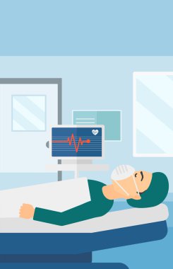 Patient lying in hospital bed with heart monitor.