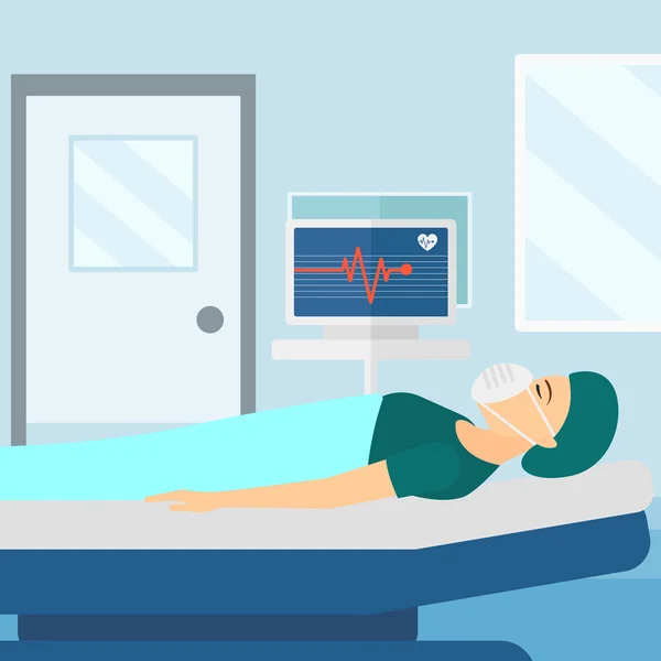 Paciente deitado na cama do hospital com monitor cardíaco . —  Vetores de Stock