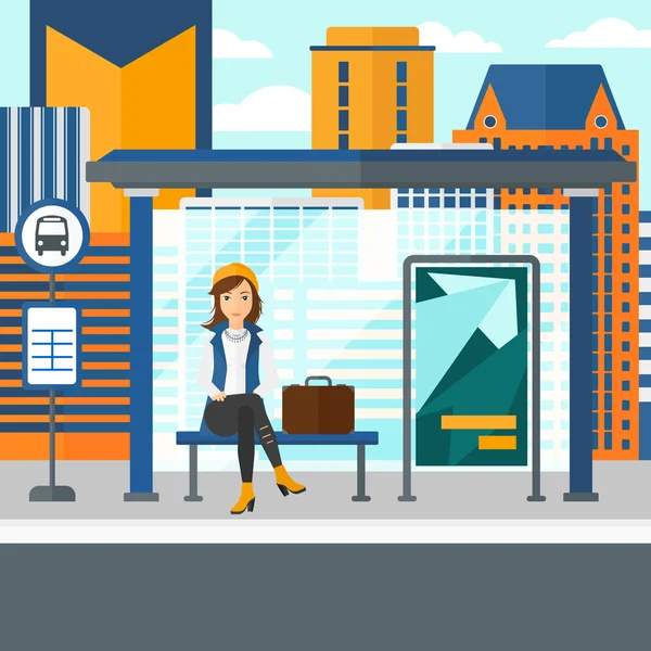 Mujer esperando el autobús . — Vector de stock