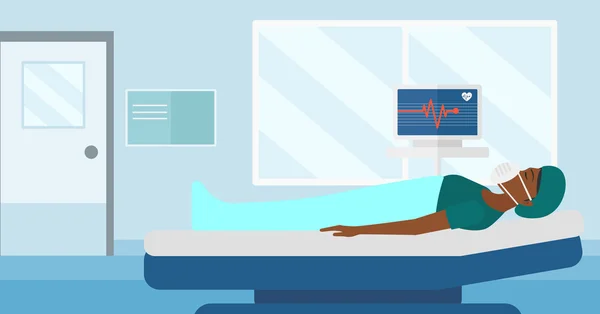 Paciente acostado en cama de hospital con monitor cardíaco . — Vector de stock