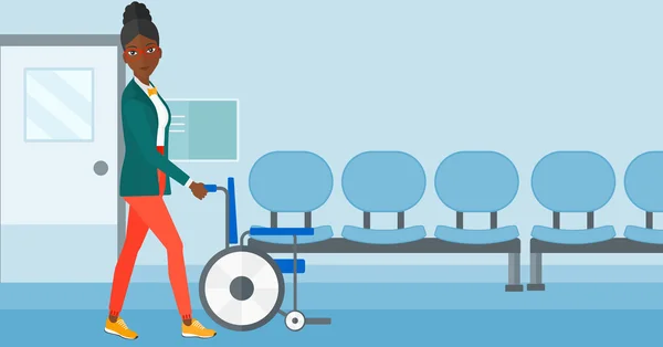 Femme poussant fauteuil roulant . — Image vectorielle