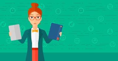 Woman choosing between book and tablet computer.