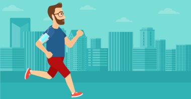 Man jogging with earphones and smartphone.
