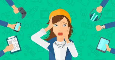 Desperate woman with gadgets.