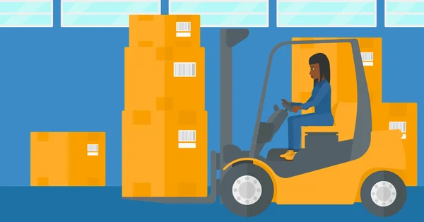 Warehouse worker moving load by forklift truck. — Stock Vector