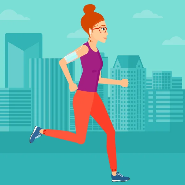 Donna che fa jogging con auricolari e smartphone . — Vettoriale Stock