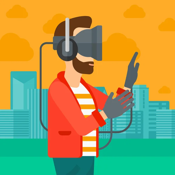 Uomo indossando cuffie realtà virtuale. — Vettoriale Stock