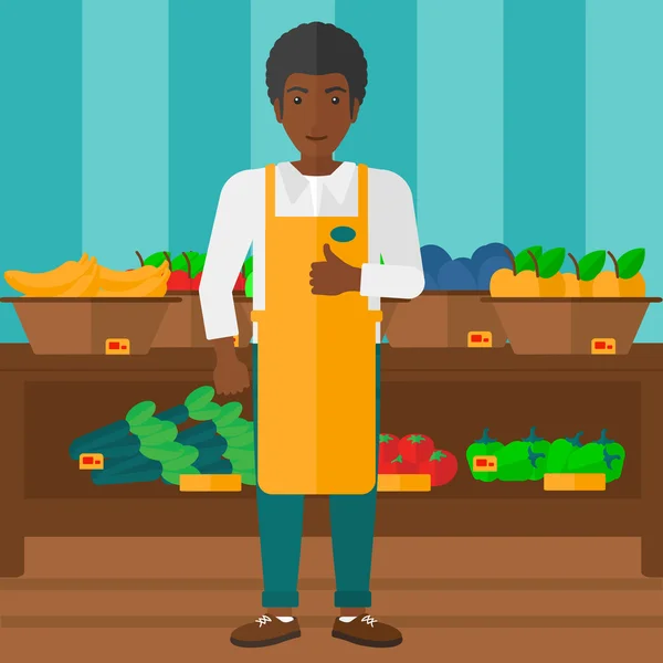 Süpermarket işçi ile kutu elma dolu. — Stok Vektör