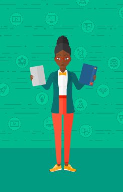 Woman choosing between book and tablet computer.