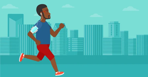 Homem jogging com fones de ouvido e smartphone . — Vetor de Stock