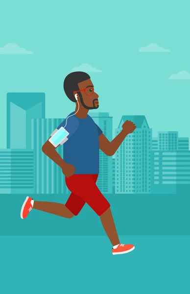 Homem jogging com fones de ouvido e smartphone . — Vetor de Stock