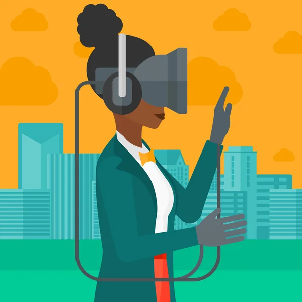 Mujer con auriculares de realidad virtual . — Vector de stock