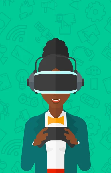 Mujer con auriculares de realidad virtual . — Vector de stock