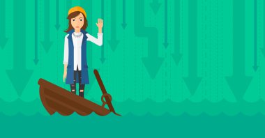 Tekne batıyor duran iş kadın.