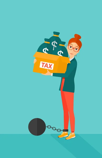 Przykuty kobieta z torbami pełnymi podatków. — Wektor stockowy