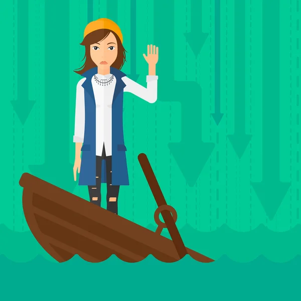 Business woman standing in sinking boat. — Stock Vector