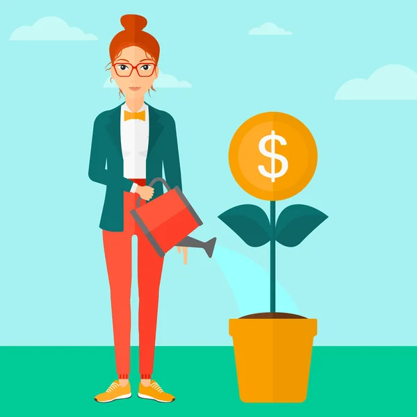 Woman watering money flower. — Stockvector