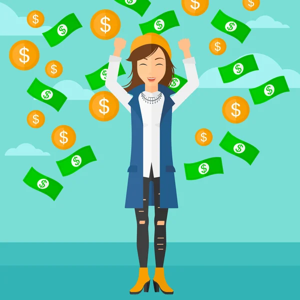 Happy woman with  flying money. — Stock vektor