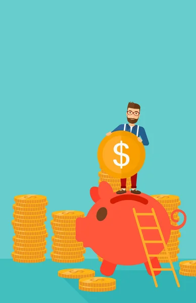 Man putting coin in piggy bank. — Stock Vector