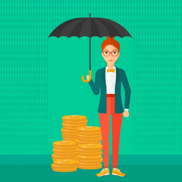 Woman with umbrella protecting money. — Stock Vector