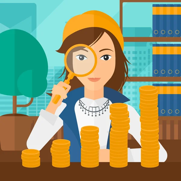 Woman with magnifier and golden coins. — Stock Vector