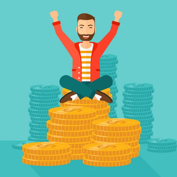 Happy businessman sitting on coins. — Stock Vector