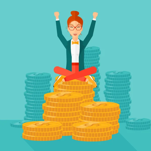 Mulher de negócios feliz sentado em moedas . — Vetor de Stock