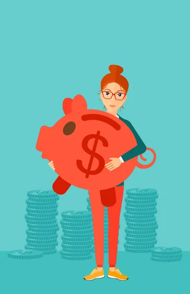 Woman carrying piggy bank. — Stock Vector