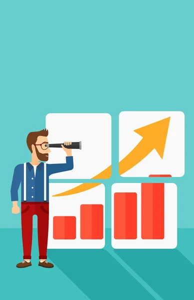 Man op zoek naar positief staafdiagram. — Stockvector