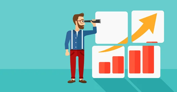 Man op zoek naar positief staafdiagram. — Stockvector