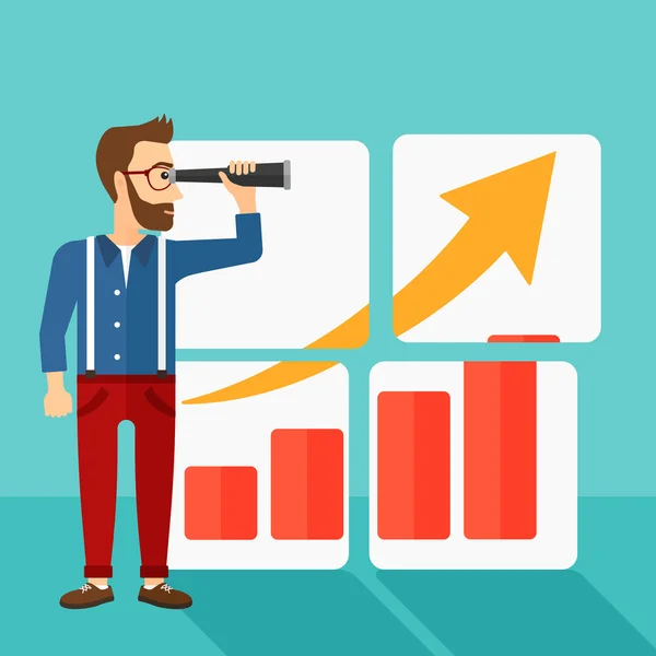 Man op zoek naar positief staafdiagram. — Stockvector