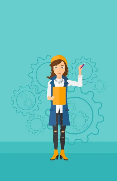 Woman standing on gears background. — Stock Vector