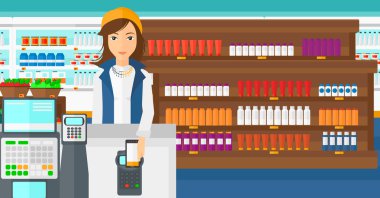 Customer paying with his smartphone using terminal.